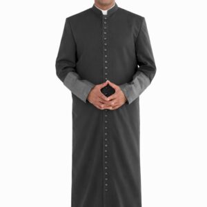 Roman Cassock – Black Purple Clergy Robe with Satin Cuffs, 33 Button Bishop Vestmentw