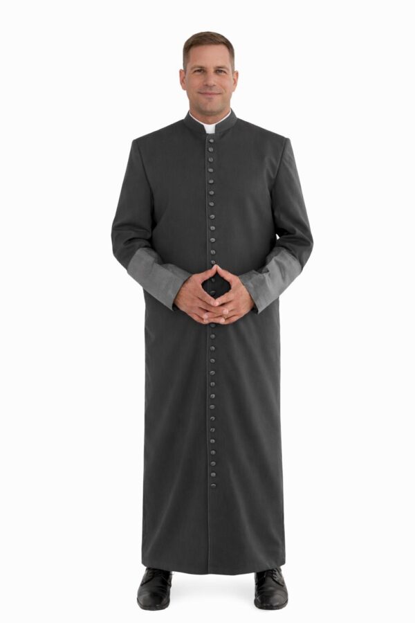 Roman Cassock – Black Purple Clergy Robe with Satin Cuffs, 33 Button Bishop Vestmentw