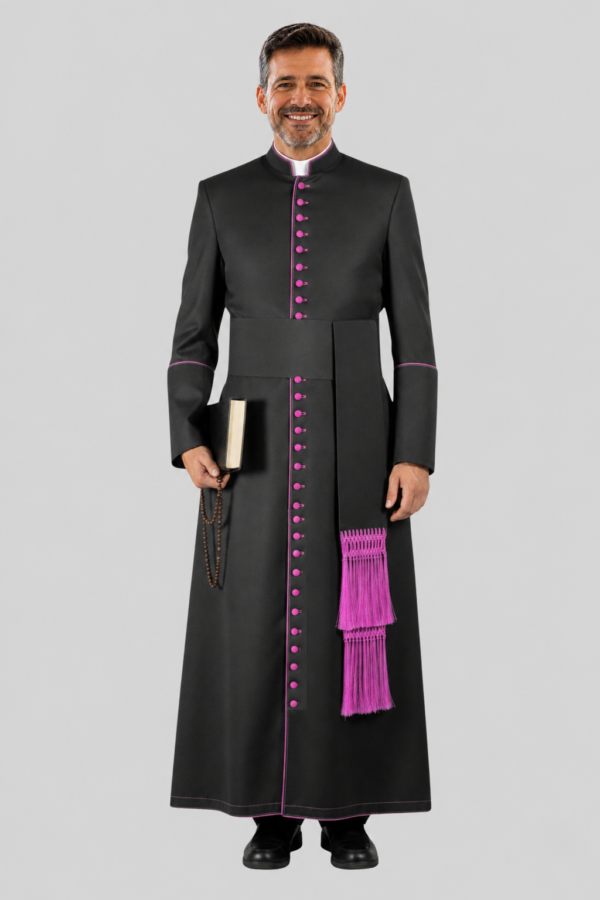 Classic Black House Cassock for Bishop Featuring Purple Trim Classic Black House Cassock for Bishop Featuring Purple Trim