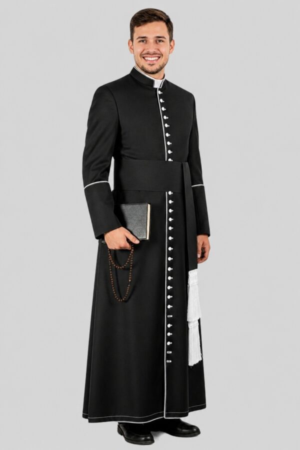 Comfortable Black Mens Cassock with White Trim for Church