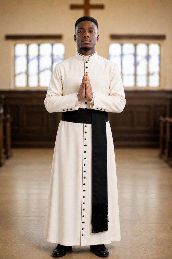 Cream Roman Cassock with Black 33 Buttons