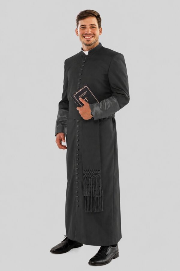 Elegant Black Roman Cassock 33 Buttons with Satin Cuffs & Piping