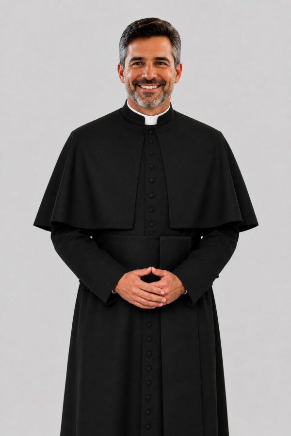 Men’s Priest Style Black Cassock with Shoulder Cape & 33 Buttons