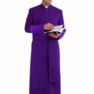Roman Cassock – Black Purple Clergy Robe with Satin Cuffs, 33 Button Bishop Vestment