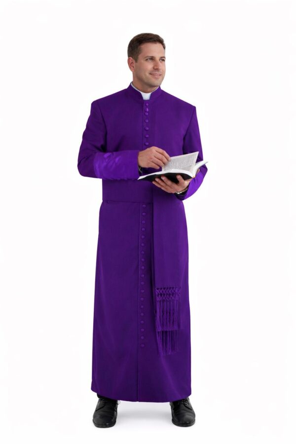 Roman Cassock – Black Purple Clergy Robe with Satin Cuffs, 33 Button Bishop Vestment Roman Cassock – Black Purple Clergy Robe with Satin Cuffs, 33 Button Bishop Vestment