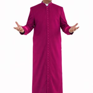 Roman Cassock – Black Purple Clergy Robe with Satin Cuffs, 33 Button Bishop Vestment1