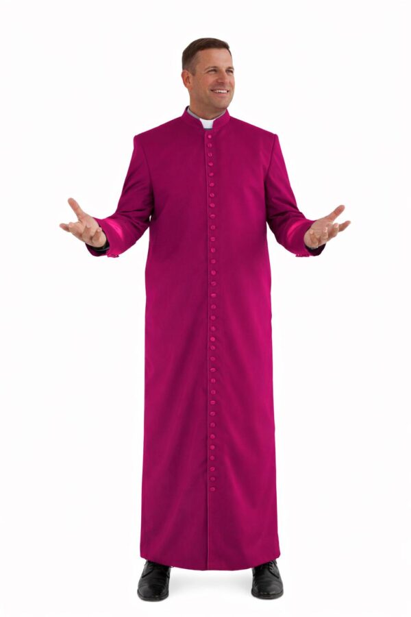 Roman Cassock – Black Purple Clergy Robe with Satin Cuffs, 33 Button Bishop Vestment1 Roman Cassock – Black Purple Clergy Robe with Satin Cuffs, 33 Button Bishop Vestment1