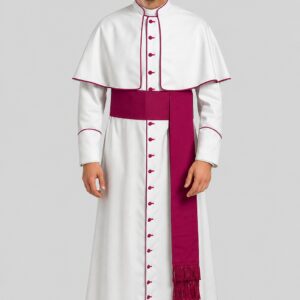 Roman Catholic White Cassock with Shoulder Cape & Red-Purple Trim