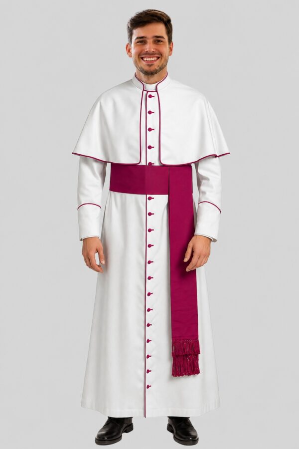 Roman Catholic White Cassock with Shoulder Cape & Red-Purple Trim Roman Catholic White Cassock with Shoulder Cape & Red-Purple Trim