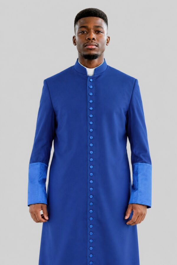 Traditional Royal Blue Priest Cassock with Satin Accents & 33 Buttons