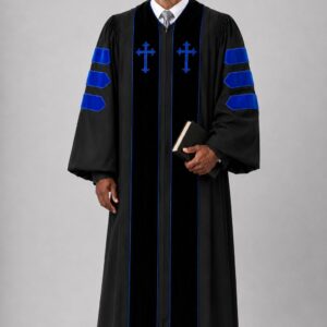 Black Minister’s Pulpit Robe Velvet Panels & Doctoral Bars
