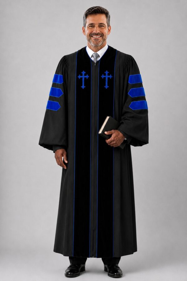Black Minister’s Pulpit Robe Velvet Panels & Doctoral Bars