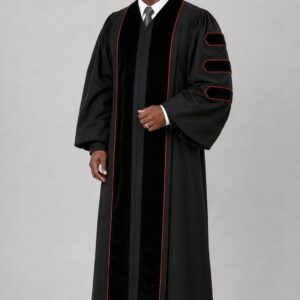 Black Pulpit Robe Velvet Panels, Doctoral Bars & Red Piping