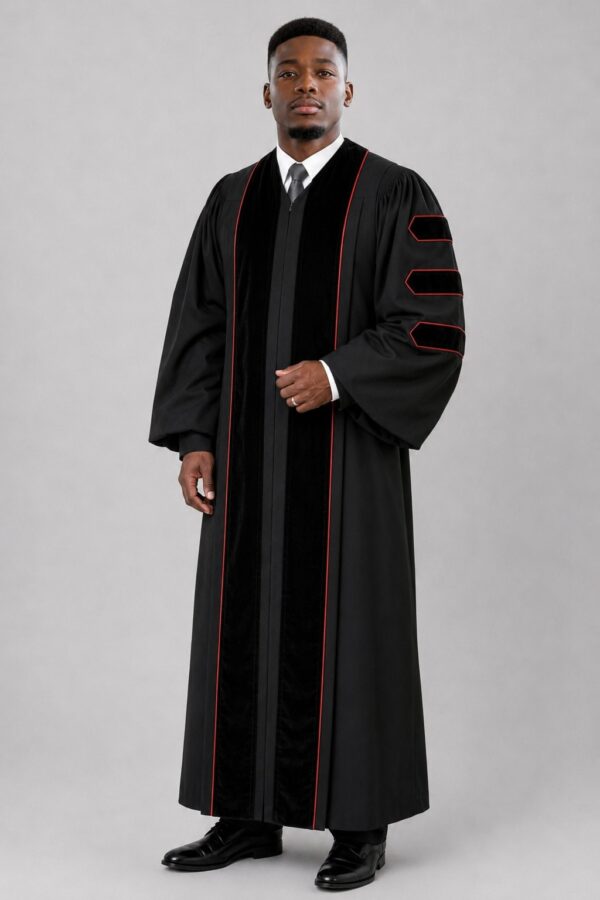 Black Pulpit Robe Velvet Panels, Doctoral Bars & Red Piping Black Pulpit Robe Velvet Panels, Doctoral Bars & Red Piping