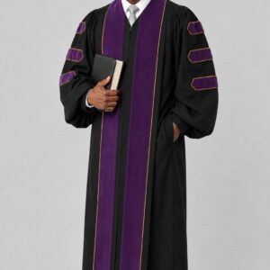 Black Pulpit Robe with Purple Velvet Panel & Gold Trim