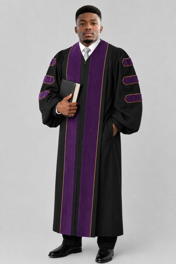 Black Pulpit Robe with Purple Velvet Panel & Gold Trim