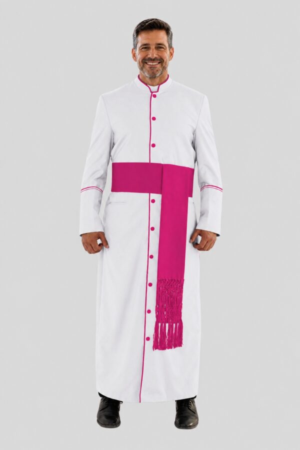 Classic White Clergy Robe with Red Purple Trim