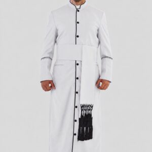 Dignified White Minister Robe with Black Trim and Triple Back Pleats