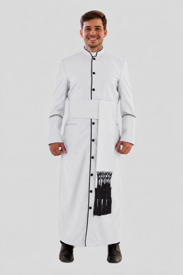 Dignified White Minister Robe with Black Trim and Triple Back Pleats
