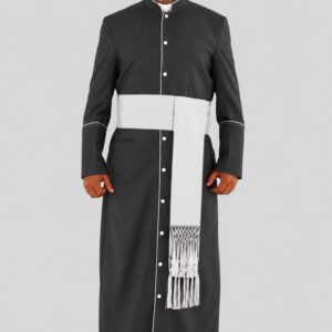 Elegant Black Clergy Robe with White Trim & Triple Back Pleats for Ministers