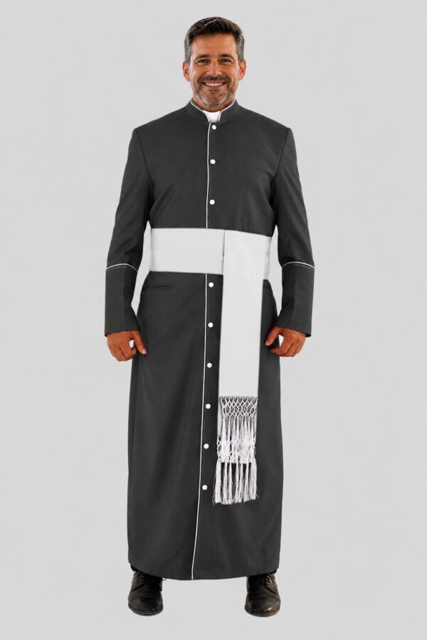 Elegant Black Clergy Robe with White Trim & Triple Back Pleats for Ministers Elegant Black Clergy Robe with White Trim & Triple Back Pleats for Ministers