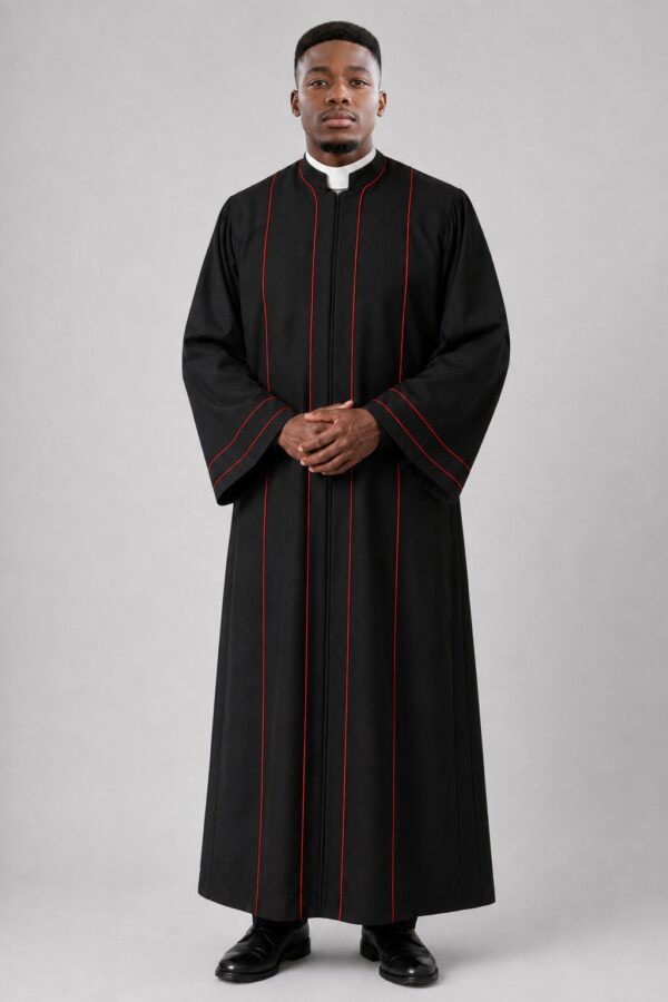 Elegant Black Minister’s Pulpit Robe with Red Piping