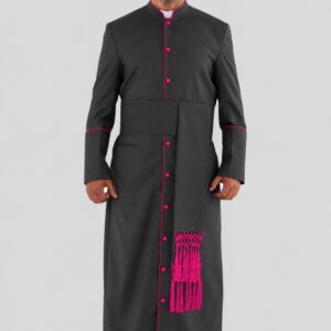 Graceful Black Clergy Robe with Red Purple Trim & Pleated Back