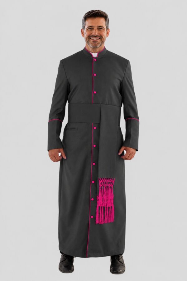 Graceful Black Clergy Robe with Red Purple Trim & Pleated Back