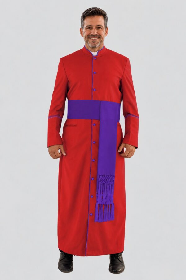 Graceful Red Clergy Robe with Roman Purple Trim for Church Events Graceful Red Clergy Robe with Roman Purple Trim for Church Events