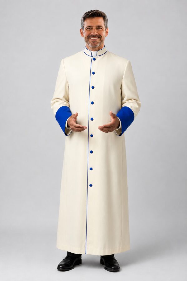 Ivory Cream Clergy Robe with Royal Blue Trim and Buttons
