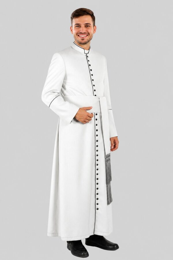 Lightweight White Clergy Cassock with Black Trim