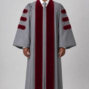 Malachi Gray Clergy Pulpit Robe with Maroon Velvet & Doctoral Bars