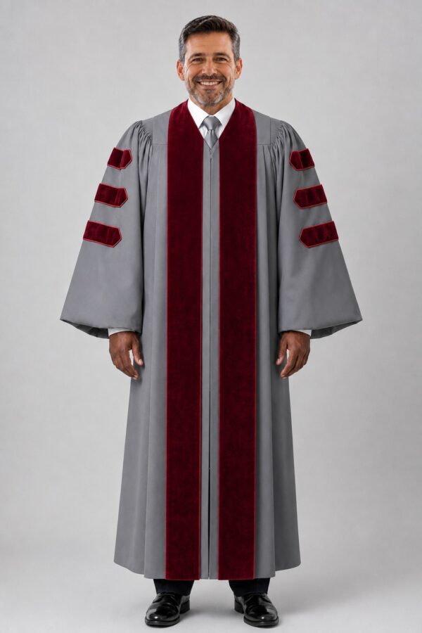 Malachi Gray Clergy Pulpit Robe with Maroon Velvet & Doctoral Bars