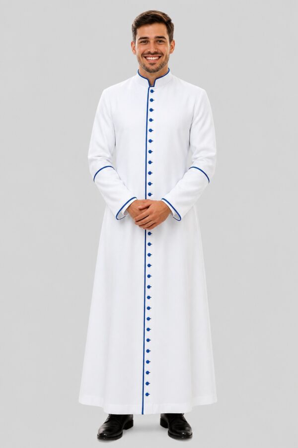Men’s Classic White Cassock with Blue Trim