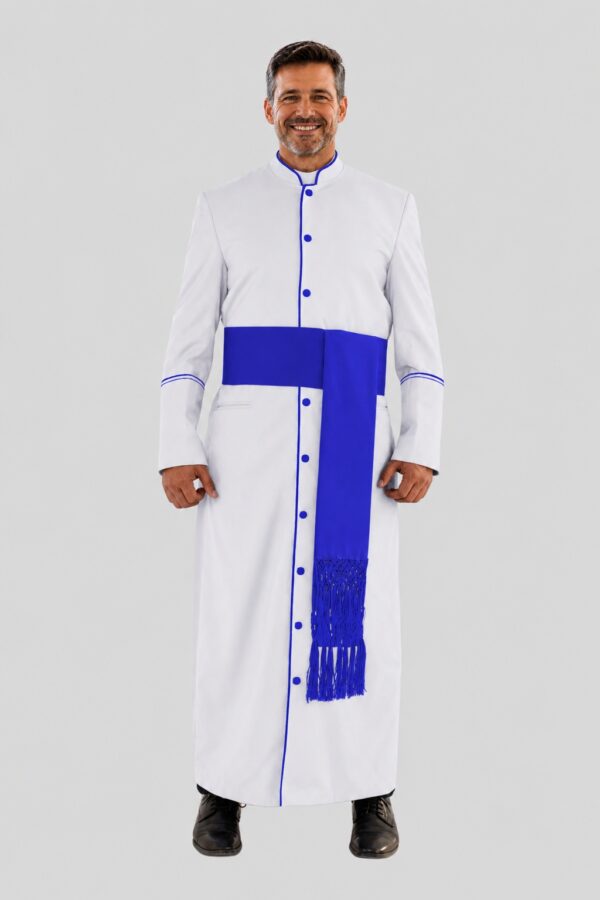 Modern Clergy Robe in White with Royal Blue Trim