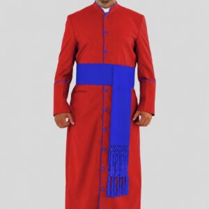 Noble Red Clergy Robe in Royal Blue Trim & Triple Backpleats