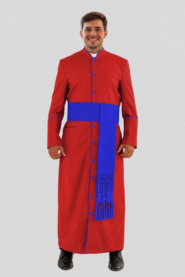 Noble Red Clergy Robe in Royal Blue Trim & Triple Backpleats Noble Red Clergy Robe in Royal Blue Trim & Triple Backpleats