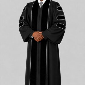 Pax Black Pulpit Robe with Velvet Panels & White Trim