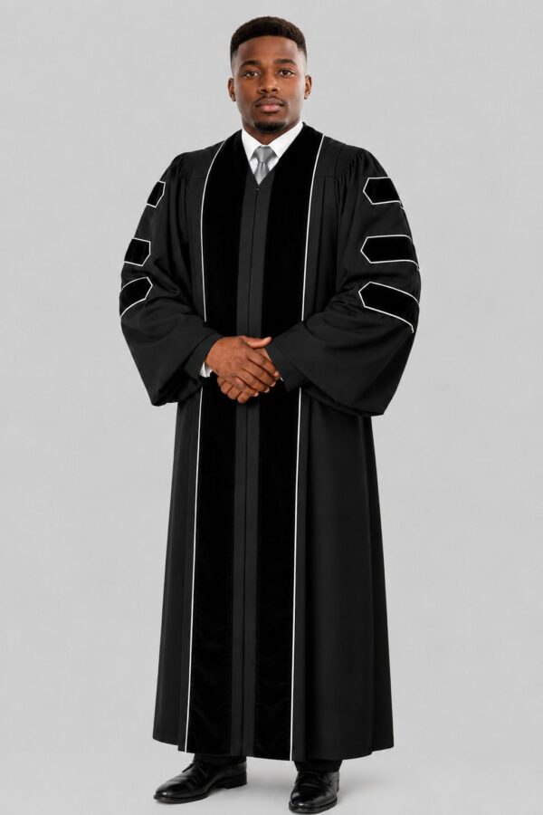 Pax Black Pulpit Robe with Velvet Panels & White Trim Pax Black Pulpit Robe with Velvet Panels & White Trim
