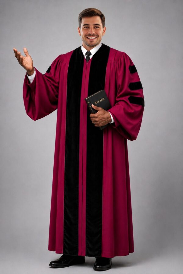 Regalia Redpurple Pulpit Robe with Black Velvet Panels