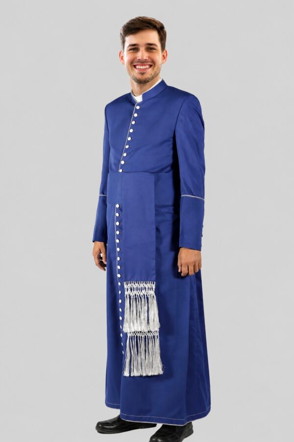 Royal Blue Clergy Cassock with White Trim 33-Button for Men of Faith Royal Blue Clergy Cassock with White Trim 33-Button for Men of Faith