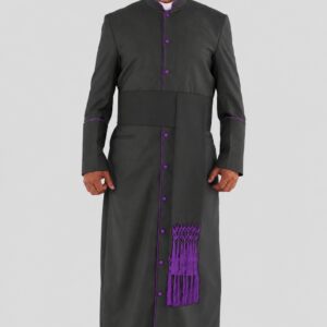 Sacred Black Clergy Robe with Roman Purple Accents with Three Backpleats