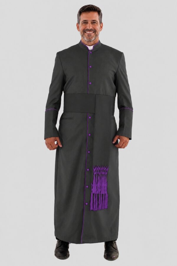 Sacred Black Clergy Robe with Roman Purple Accents with Three Backpleats Sacred Black Clergy Robe with Roman Purple Accents with Three Backpleats