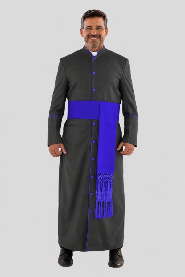 Sanctified Black Men’s Clerical Robe with Royal Blue Trim & Triple Back Pleats Sanctified Black Men’s Clerical Robe with Royal Blue Trim & Triple Back Pleats