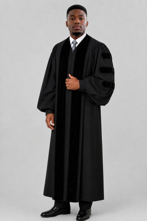 Shadowline Black Pulpit Robe with Velvet Panels & Doctoral Bars