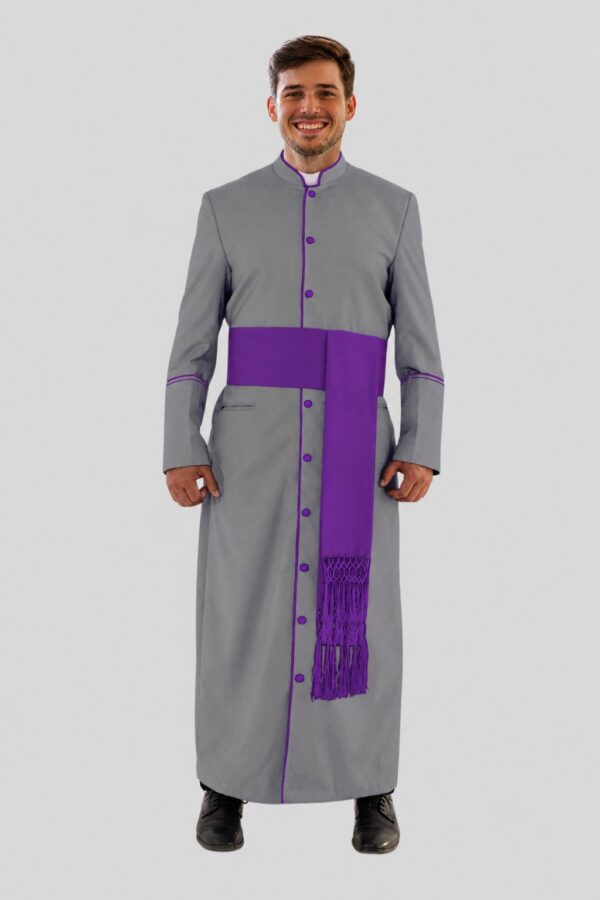 Sleek Gray Clergy Robe with Striking Roman Purple Accents Sleek Gray Clergy Robe with Striking Roman Purple Accents