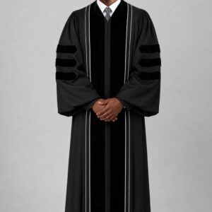 Sovereign Black Clergy Robe with Velvet Panels & White Piping