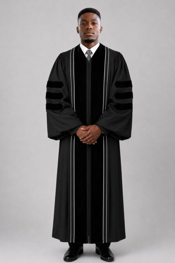 Sovereign Black Clergy Robe with Velvet Panels & White Piping Sovereign Black Clergy Robe with Velvet Panels & White Piping