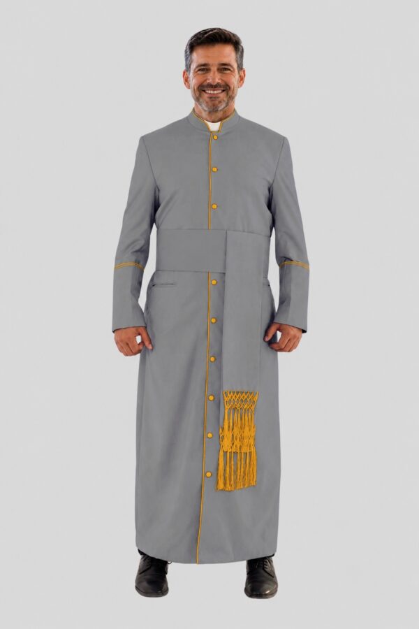 Stylish Gray Clergy Robe with Golden Detailing for a Professional Look