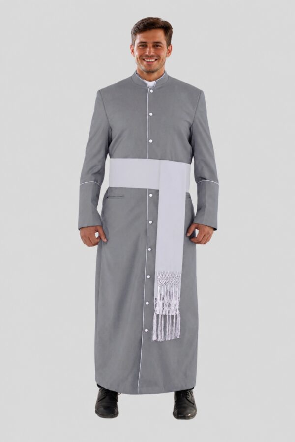 Traditional Gray Clergy Robe with White Trim for Special Ceremonies